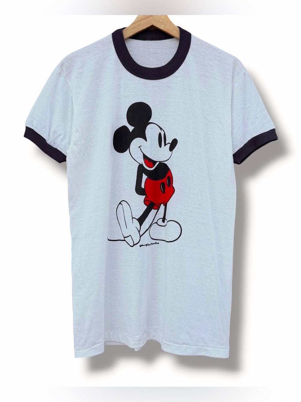 Vintage 80s Disney Mickey Mouse Ringer T-Shirt White/Navy Blue Size Large USA